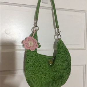 Sak Green Crocheted Purse with Pink Flower
